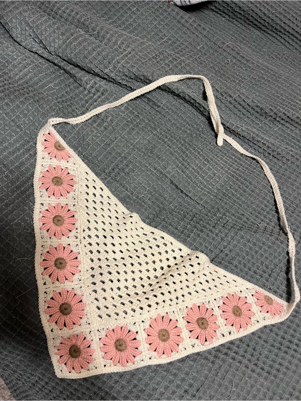 Handmade Crochet Triangle Neck Scarf - Cream with Pink Floral Accent - Picture 3 of 3